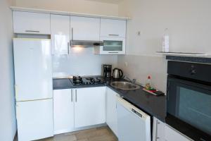 a white kitchen with a sink and a refrigerator at Apartman Doris in Lovran