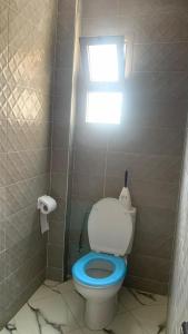 a bathroom with a blue toilet with a window at house naim in Chefchaouen