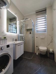 y baño con ducha, aseo y lavamanos. en Pearl Shell Apartments, en Kotor