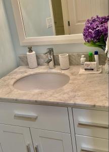 um balcão de casa de banho com um lavatório e um espelho em Steven Abode em Calgary