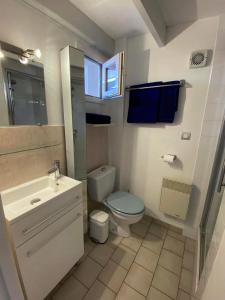 ein weißes Bad mit einem WC und einem Waschbecken in der Unterkunft Charming house close to the Plage des Huttes in Chaucre