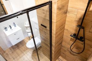 a bathroom with a white toilet and a wooden wall at Ginger Apartament in Wilkasy +11 photos