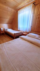 a room with two beds and a window in a cabin at Amber Domki Letniskowe in Lubiatowo