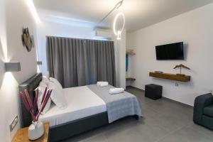 a bedroom with a bed and a tv and a couch at Gaia Apartments I in Anthoúsa