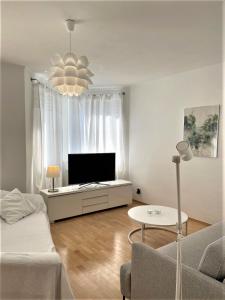 sala de estar con sofá y TV en Apartamenty Studio W Ustce - 120 m2 - 200 m od plaży Mickiewicza 2 35m2 z garażem ul Wczasowa 2, en Ustka