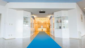 un corridoio con un tappeto blu sul pavimento di Hotel AreaOne Sakaiminato Marina - Vacation STAY 09688v a Sakaiminato