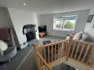 a living room with a crib and a fireplace at Leerick Cottage in Conwy