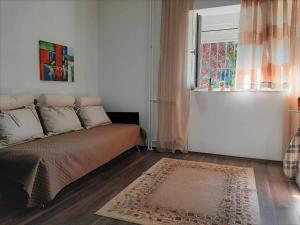Bett in einem Zimmer mit Fenster und Teppich in der Unterkunft Apartman Mima in Jagodina