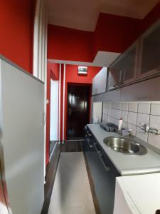 cocina con fregadero y pared roja en Apartman Mima, en Jagodina