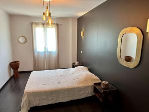 ein Schlafzimmer mit einem großen Bett und einem Spiegel in der Unterkunft Maison avec piscine et vue sur les collines. in Marseille