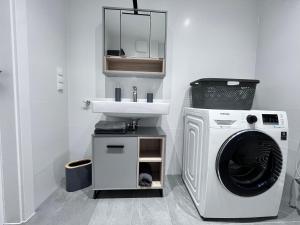 una lavatrice in un bagno accanto a un lavandino di Danube22 Apartment a Vienna