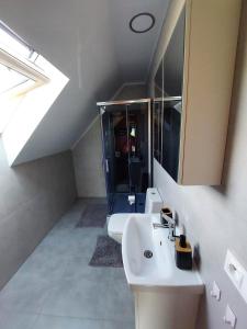 een badkamer met een wastafel, een toilet en een dakraam bij Domki na kocim zamku in Grywałd