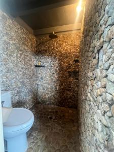 a bathroom with a toilet and a stone wall at Casa Chuparrosas in San Mateo Río Hondo