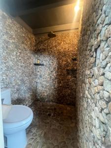 bagno con servizi igienici e parete in pietra di Casa Chuparrosas a San Mateo Río Hondo