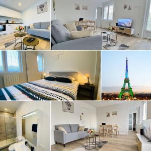 uma colagem de fotos de um quarto com a Torre Eiffel em Cozy appart' a deux pas de la gare - Cozy Houses em Palaiseau