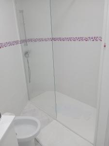 a white bathroom with a shower and a toilet at La casa blanca in La Pineda