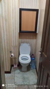 a bathroom with a toilet with a mirror on the wall at Elegant Condo next to Bazaar, close to the metro station, 9 in Tashkent