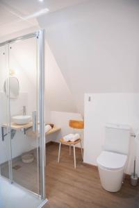 bagno con doccia in vetro e servizi igienici di Ty Monde - Chambres d'hôtes en Finistère a Poullaouen