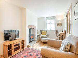 a living room with a couch and a tv and a fireplace at Wayside in Painswick