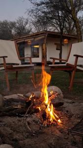 una hoguera frente a una casa con dos mesas de picnic en Saucearriba, Saucelinda. en Villa Dolores