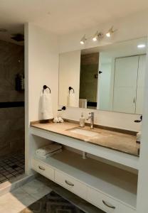 a bathroom with a sink and a large mirror at Morgan Residences 1 Bedroom Studio in Cabo San Lucas