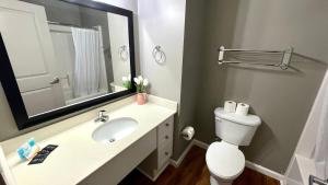 a bathroom with a sink and a toilet and a mirror at Highest Ocean Front View in Myrtle Beach