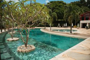 una piscina con dos árboles en el medio. en Cachoeira do Macuco Boutique Hotel en Guapé