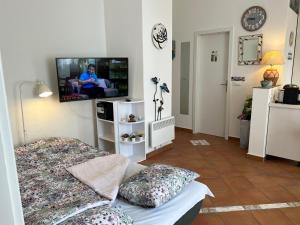 un soggiorno con letto e TV a schermo piatto di Apartments by the sea Opatija - Volosko, Opatija - 7846 a Volosko (Volosca)