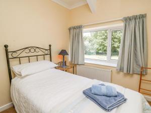 a bedroom with a bed and a window at Britannia Cottage in Llanrhystyd