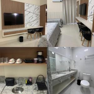 a hotel room with a sink and a toilet and a tv at Spazzio Diroma Acqua Park Luxo in Caldas Novas