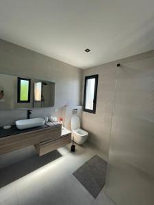 ein Badezimmer mit Waschbecken, Toilette und Dusche in der Unterkunft Villa Neuve Piscine Privée La Ciotat in La Ciotat