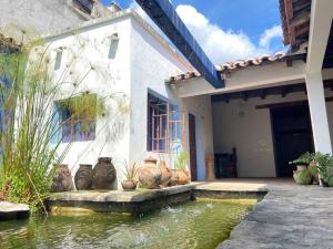 Casa Cristal في شيابا دي كورسو: منزل به عدة مزهريات كبيرة يجلس بجوار بركة