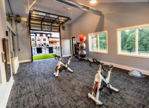 Indulge in a luxury apartment في لورينسيفيل: صالة ألعاب رياضية مع دراجتين تمرين في غرفة