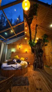 - une chambre avec un lit et un arbre dans l'établissement Cloudwalk Treehouse, à Jibhi