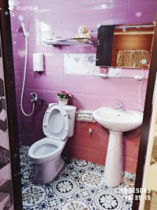 Baño de color rosa con aseo y lavamanos en Full House B&B, en Xiaoliuqiu