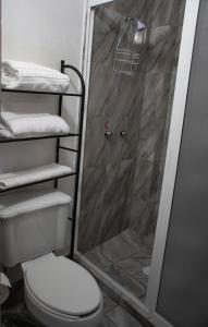 y baño con ducha, aseo y toallas. en Hotel El Patio, en Tequisquiapan