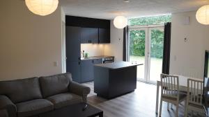 a living room and kitchen with a couch and a table at Holiday Apartments Tønder in Tønder