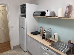 a kitchen with a counter with a sink and a refrigerator at Private 1 bedroom apartment near beach and shops in Sydney