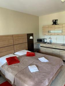 a bedroom with a large bed with two red pillows at Apartament WELLEN in Kołobrzeg