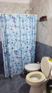 a bathroom with a toilet and a shower curtain at Complejo Las chacras in Juana Koslay 