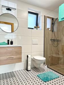 a bathroom with a toilet and a shower with a mirror at JUNÁK ubytování v soukromí in Vranov nad Dyjí