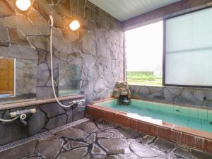 Muikamachi的住宿－サンバレーひぐち，带浴缸和窗户的石质浴室