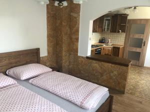 a bedroom with two beds and a kitchen at Relax 38 in Prievidza