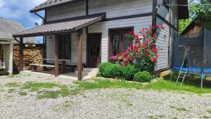 une maison avec un banc et un bush avec des fleurs rouges dans l'établissement Котедж Кресаня, à Mykulychyn