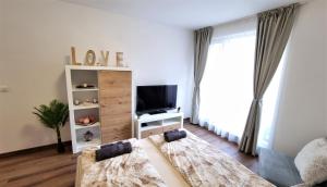a living room with a couch and a tv at Luxury Quiet Apartment in the City Center in Plovdiv