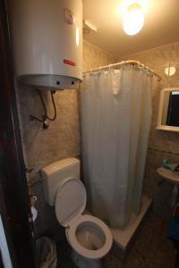 a bathroom with a toilet and a shower curtain at Guest House Bajceta in Herceg-Novi