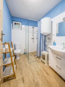 a bathroom with a sink and a toilet and a shower at Domki Na Zaciszu in Jastrzębia Góra