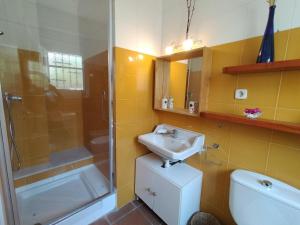 a bathroom with a sink and a shower and a toilet at Casa Flor de Taronger in Viladecáns