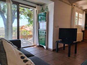 a living room with a couch and a television at Casa Flor de Taronger in Viladecáns