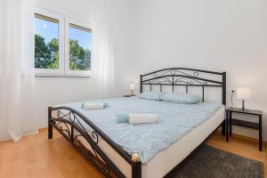 利兹扬Apartmani Vita, Ližnjan - apartman 2的卧室里有一张大床，上面放着蓝色枕头